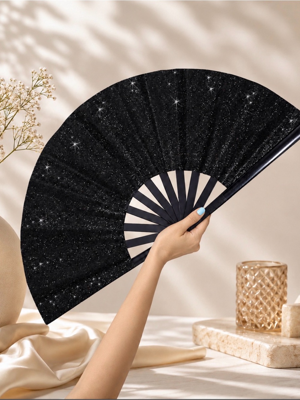 Black Sparkle Folding Hand Fan